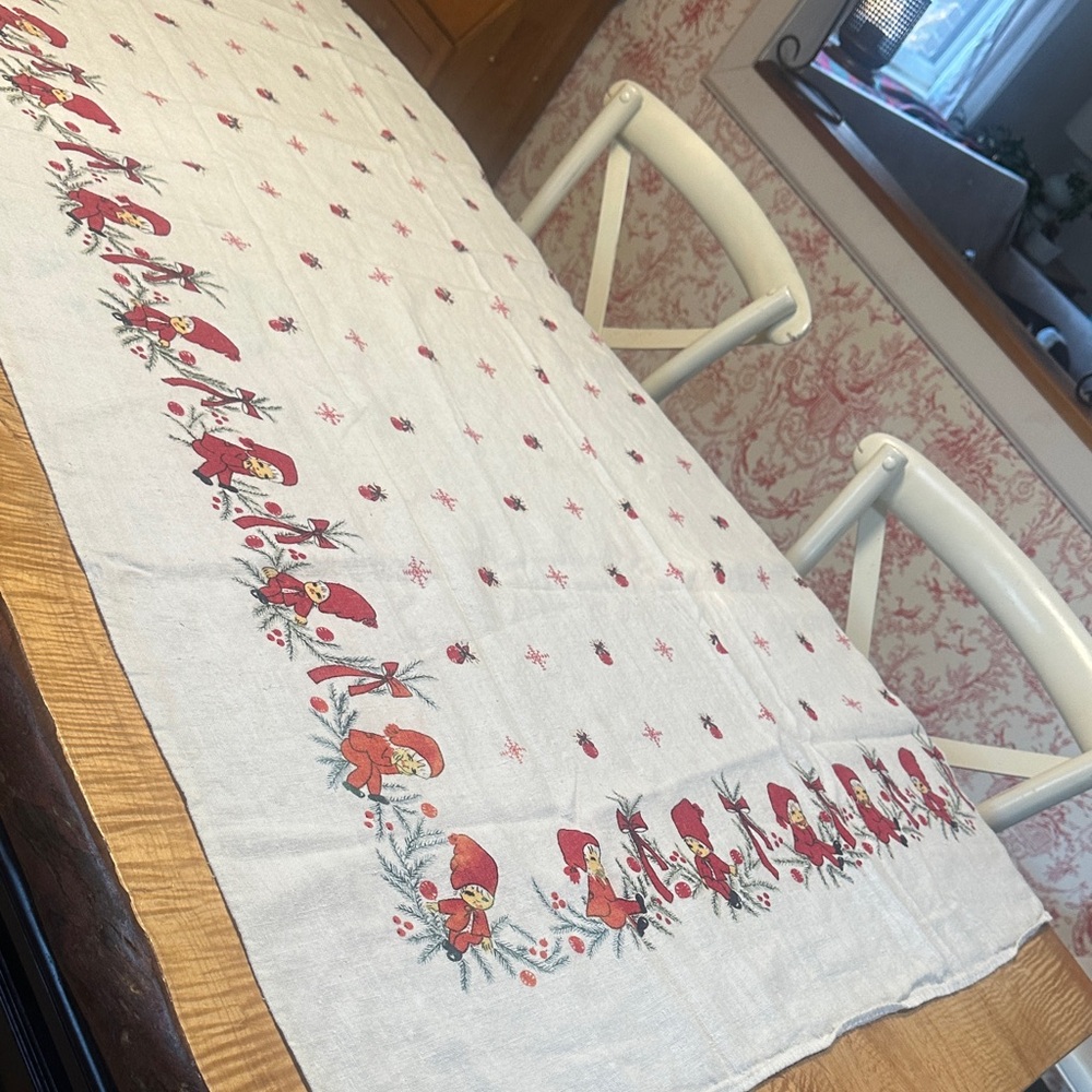 Vintage elves Scandinavian style Festive Red and White Tablecloth 47 1/2 x 60